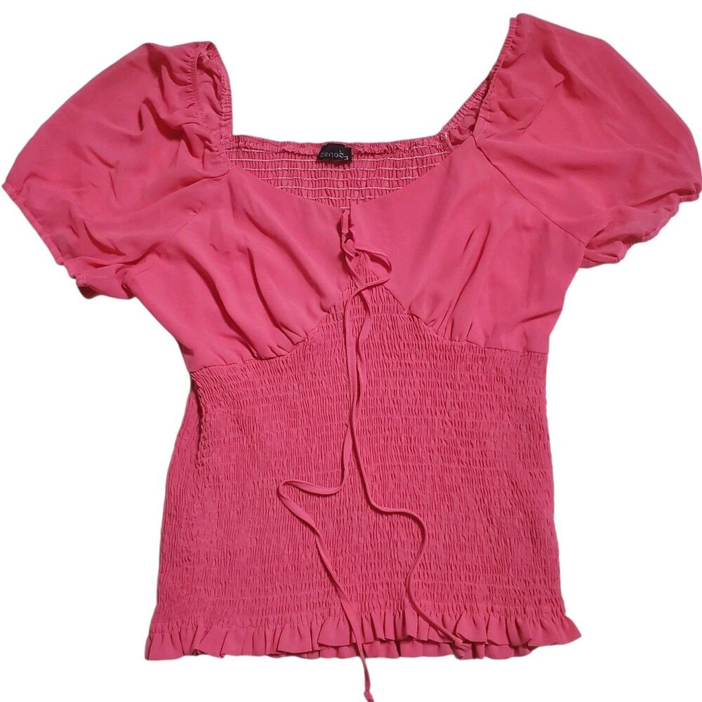 Zenobia Hot Pink Smocked Top Size 3XL Y2K Style V-Neck Puff Sleeve Womens